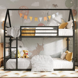 LIKIMIO Bunk Bed Twin XL Over Twin XL, Metal Bunk Bed Frame with Ladder and Guardrail, House Shaped with Metal Slats for Dormitory and Bedroom, Space Saving, No Box Spring Needed, Black LIKIMIO