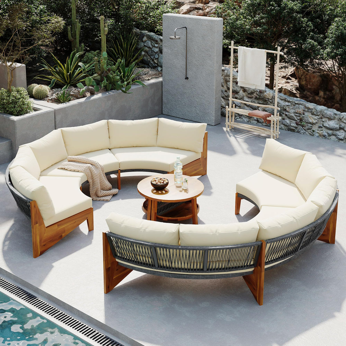 6-Person Outdoor Seating Group with Coffee Table, Half Moon Patio Sectional Sofa Set, All Weather Conversation Sofa Set with Acacia Wood Frame and Thick Cushions for Backyard Poolside (Beige+Acacia) XD Designs