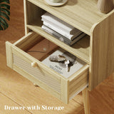 SUPERJARE Nightstand with Charging Station & Rattan-Like Decor Drawer, Rattan End Table with Solid Wood Feet, Bed Side Table with Open Storage, for Bedroom, Living Room, Dormitory - Natural SUPERJARE