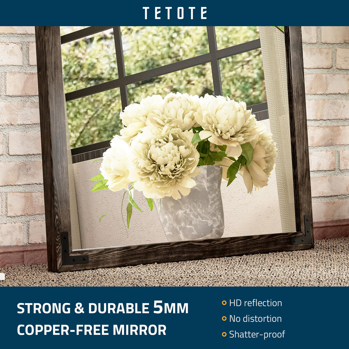 TETOTE 40 x 30 Inch Black Rustic Bathroom Wood Framed Mirror for Over Sink, Farmhouse Natural Dark Black Wooden Rectangle Decorative Wall Mirror, Horizontal/Vertical, Easy to Install TETOTE