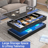 chartustriable 47.2" Large Lift Top Coffee Table with Charging Station, LED Modern High Glossy Center Table with Hidden Compartment Storage, White Lift Living Room Tables with Marbling Print, Black chartustriable