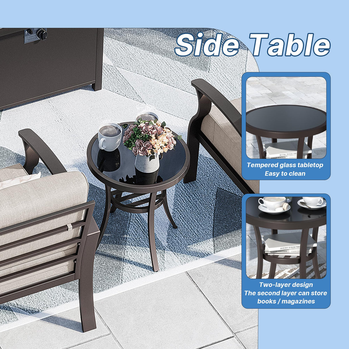 Kurapika 3 Pieces Patio Furniture Set, Outdoor Aluminum Swivel Gliders Rocker, Patio Bistro Set Rocking Chair with Tempered Glass Side Table and Thickened Cushions for Porch Garden Deck (Sand) Kurapika
