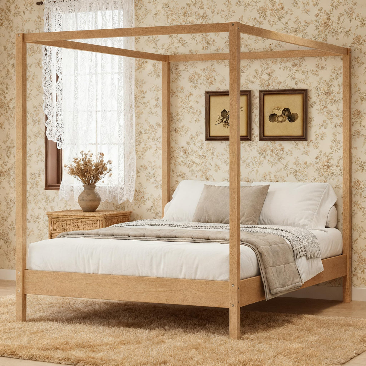 JIJIWANG Solid Wood Queen Size Canopy Bed Frame Four Poster Platform Bed with Slats Support,Wood Canopy Bed Queen 4 Poster Ded Frame No Box Spring Needed,Natural JIJIWANG