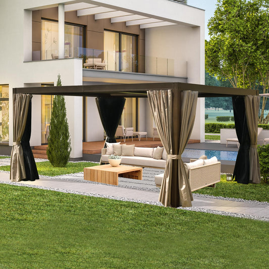 Domi 12x16FT Louvered Pergola, Full Aluminum Pergola with Adjustable Louvered Roof, Outdoor Pergola with Waterproof Curtains and Netting, Dark Brown