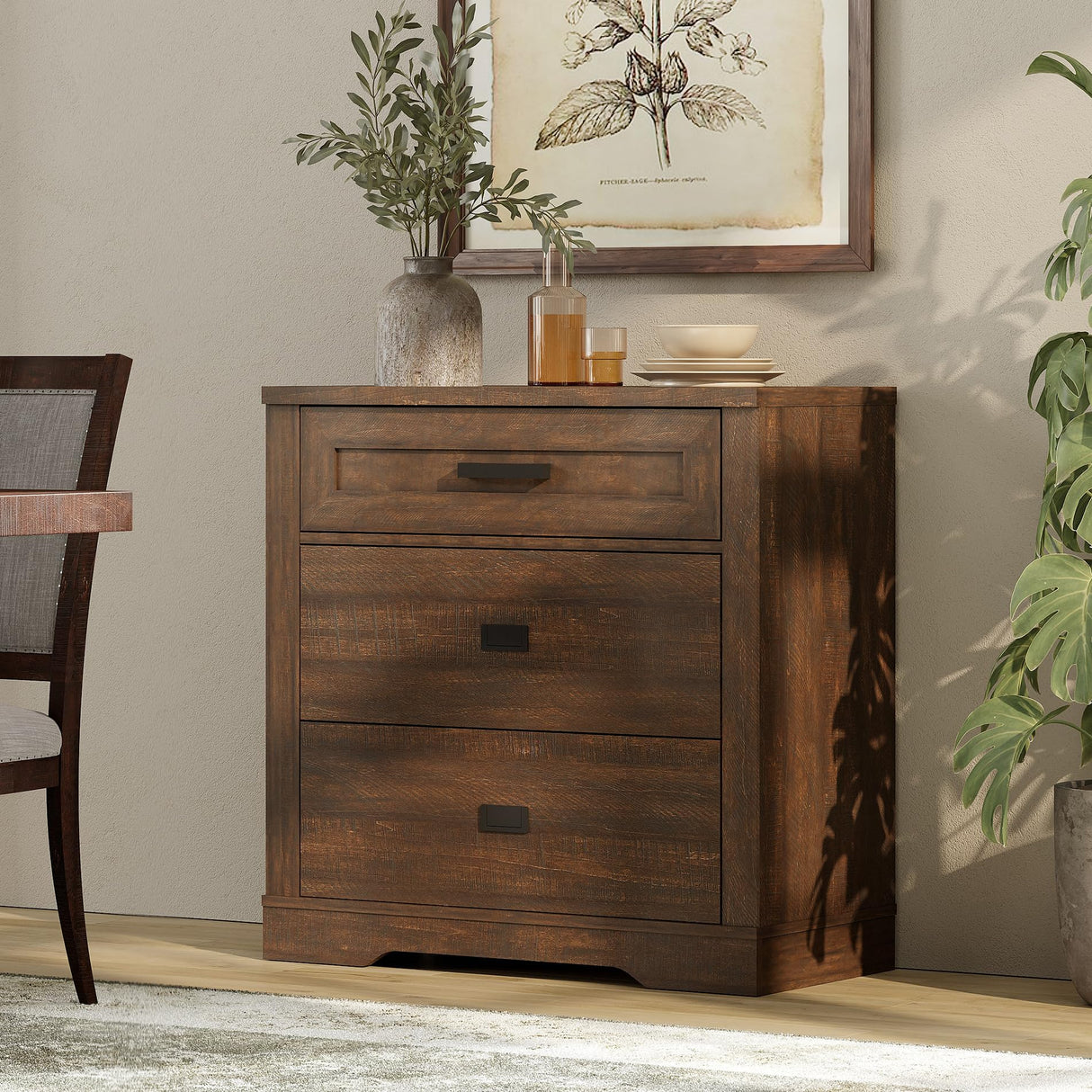 WAMPAT Rustic Wood 3-Drawer Dresser,32-inch Tall Farmhouse Bedroom Chest of Drawers with Smooth Glide, 31.5-inch Wide Storage Cabinet with Drawers, Rustic Brown WAMPAT