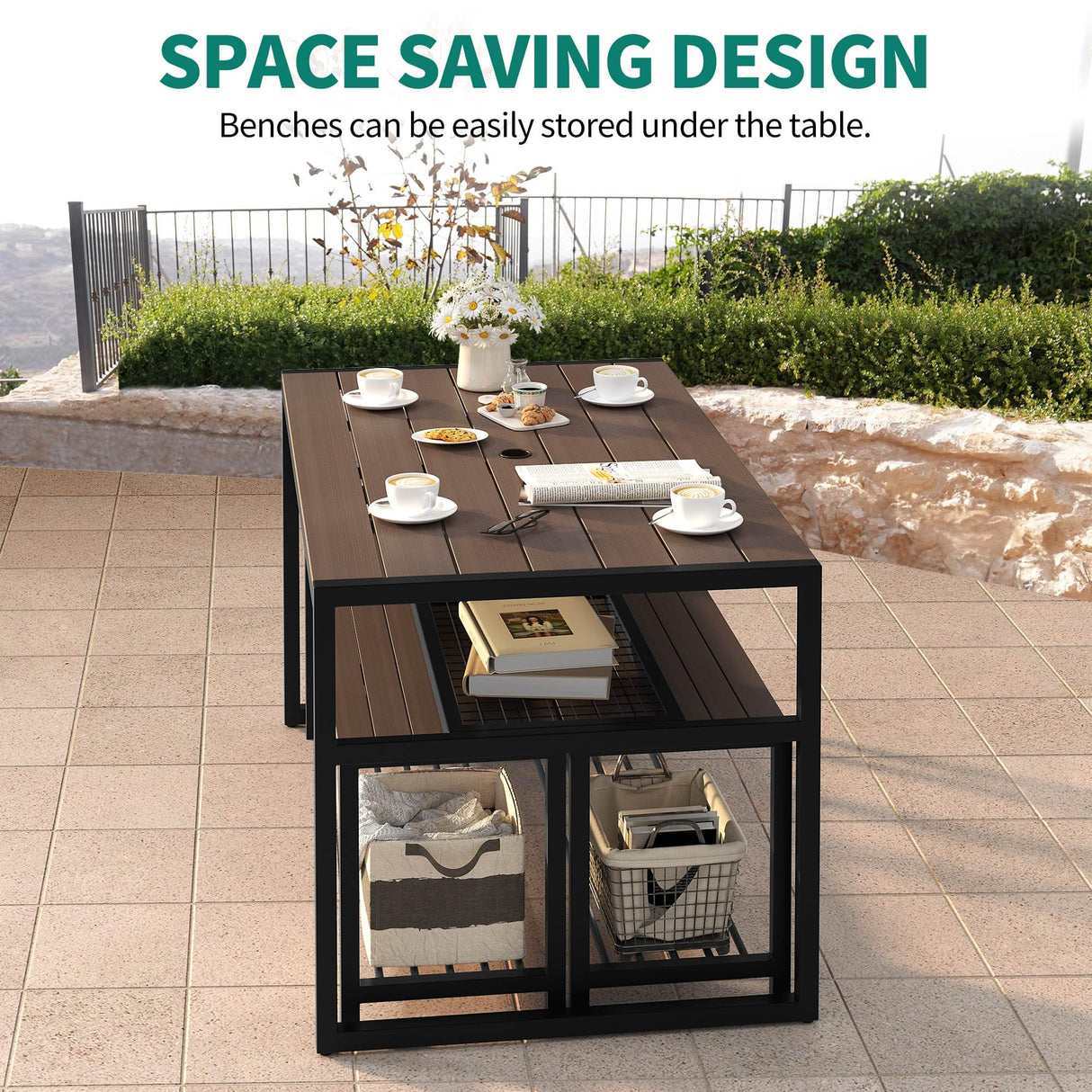 YITAHOME Patio Dining Set for 4-6 People, Outdoor Table and Bench Chairs with 2" Umbrella Hole and Storage Hollow Shelf, Picnic Conversation Set with 2 Benches for Garden Yard Porch, Brown YITAHOME