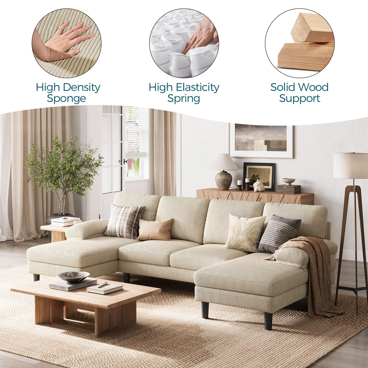 LINSY HOME Sectional Couch, 111'' W Corduroy U Shaped Sofa with Sleepable Armrests, 4 Seat Couch with Double Chaises, Deep Seat Sofa for Living Room, Beige LINSY HOME