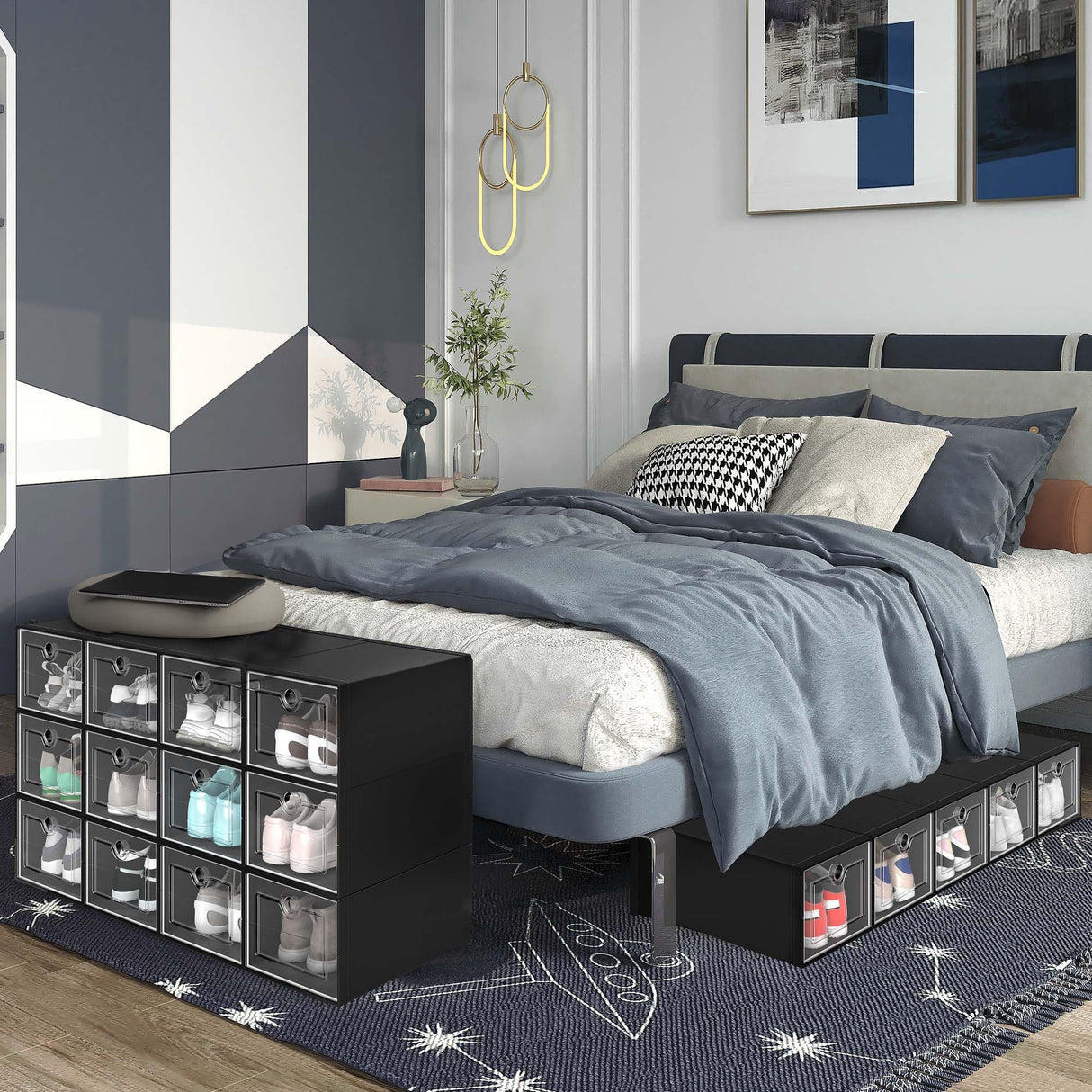 DWVO Large 18 Pack Shoe Storage Boxes, Plastic Stackable Shoe Storage Organizer for Closet, Fit up to US Size 13, Foldable Shoe Rack Clear Sneaker Containers (Black, Large) DWVO