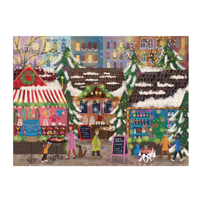 Galison Merry Market – 1000 Piece Foil Joy Laforme Jigsaw Puzzle Featuring Merry and Festive Outdoor Market for The Holidays with Gold Foil Accents