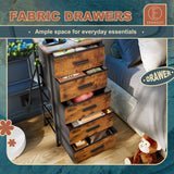 EKNKOZY Nightstand 5 Drawer Dresser with LED Lights, Charging Station, Metal Mesh Shelf with Hooks, Vertical Side Table with Fabric Drawers, End Table, Tall Dresser for Bedroom, Entryway, Rustic Brown EKNKOZY