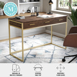 Martha Stewart Ollie Home Office Desk with 3 Drawers in Walnut Wood Grain with Polished Brass Hardware Martha Stewart