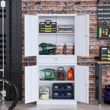 STANI Metal Garage Storage Cabinets with Drawer, 4 Doors Tool Storage Cabinet with 2 Adjustable Shelves, 71"-Lock Steel Locking Cabinet for Garage Utility Room Home Office (White, 0 Wheel-71 H) STANI