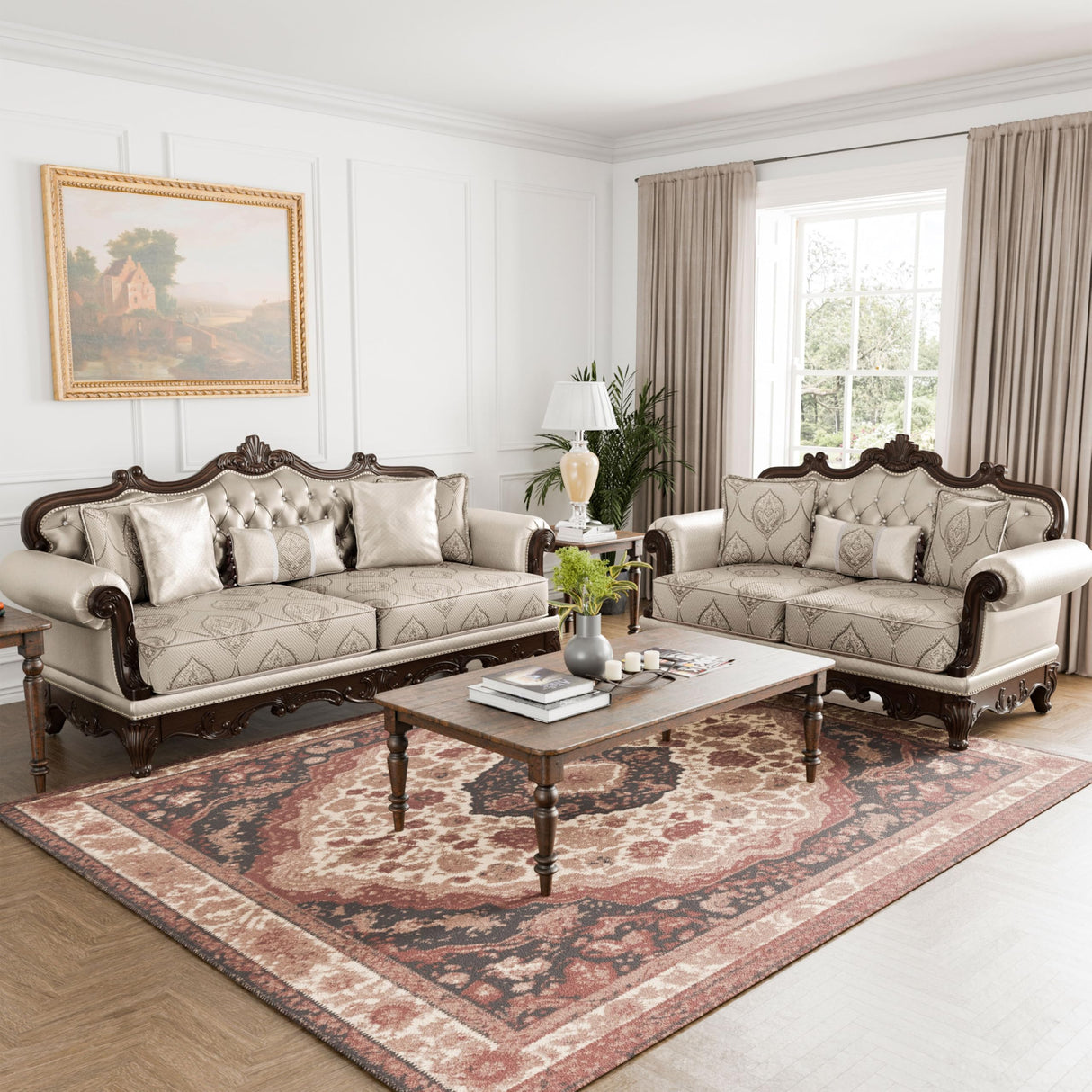 Furniture of America Adelaide Traditional Upholstered Sofa Set with Rolled Armrests, Wooden Loveseat and Comfortable Couch for Living Room, Office, 2-Piece Set, Dark Cherry/Beige Furniture of America