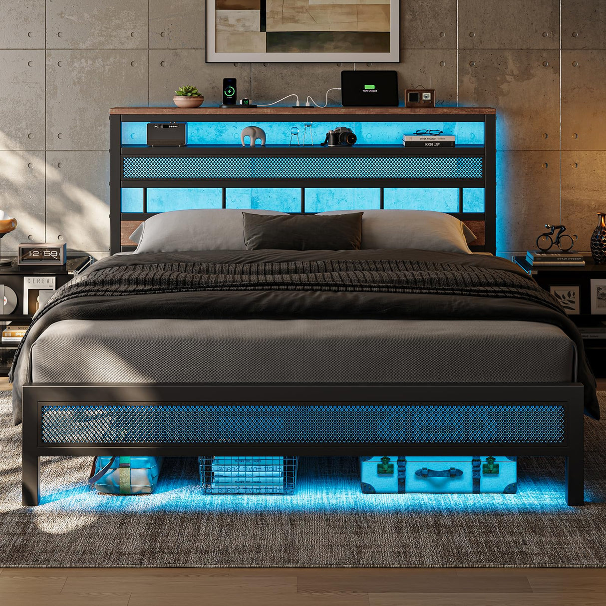 ZENBEDING LED King Size Bed Frame and 2-Tier Headboard, Metal Platform Bed Frame with Storage, Mesh King Bedframe with Charging Station, Easy Assembly and No Box Spring Needed (Rustic Brown) ZENBEDING