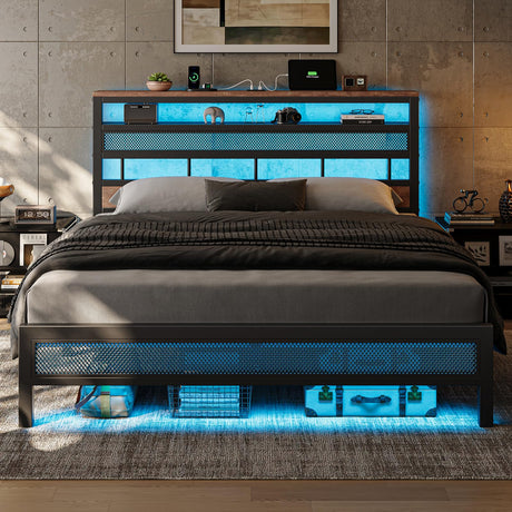 ZENBEDING LED King Size Bed Frame and 2-Tier Headboard, Metal Platform Bed Frame with Storage, Mesh King Bedframe with Charging Station, Easy Assembly and No Box Spring Needed (Rustic Brown) ZENBEDING