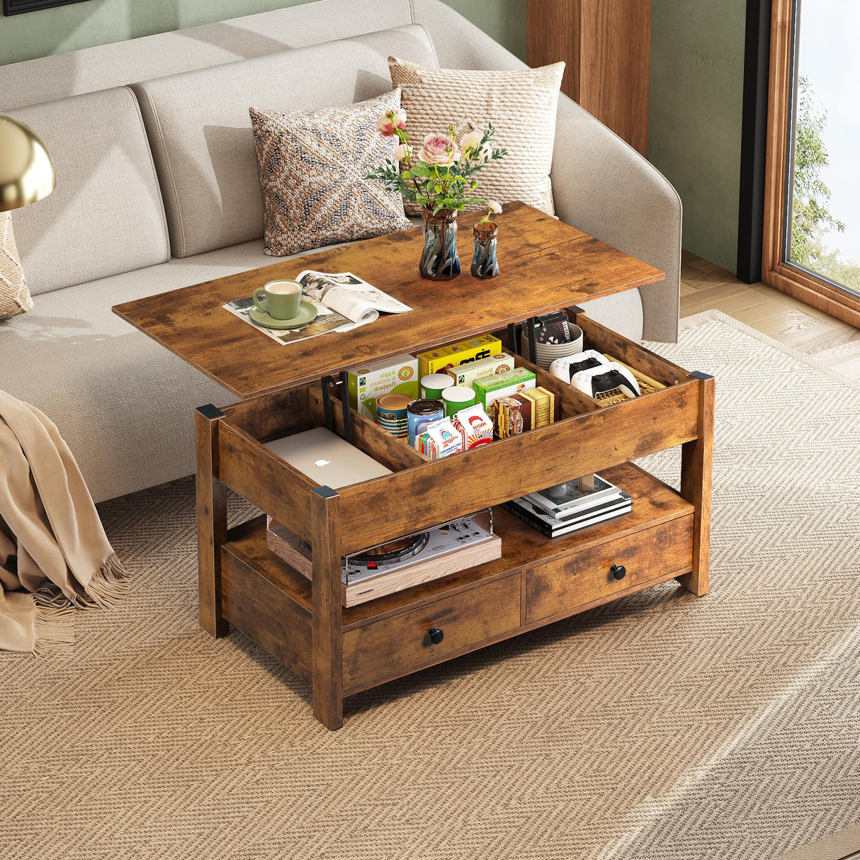 WLIVE Coffee Table, Lift Top Coffee Table with 2 Drawers, Large Storage and Open Shelf, Lift Tabletop for Living Room, Rustic Brown WLIVE