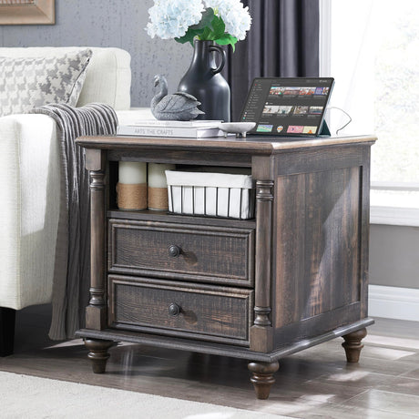 T4TREAM 24'' Farmhouse End Table w/4 Solid Wood Feet, Large 2 Drawers Wide Sofa Side Table with Charging Station, Tall Rustic Wood Square Nightstand for Living Room, Bedroom, Office, Dark Rustic Oak T4TREAM