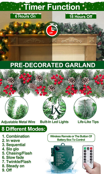 [ Remote Control & Timer & 8 Modes ] 9Ft by 10 Inch 50 LED Prelit Christmas Garland Decorations Warm White Lights Thick 300 Snowy Tips 198 Red Berry 18 Pinecone Xmas Decor Garland Indoor