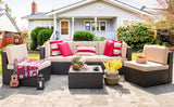 Vongrasig 6 Piece Small Patio Furniture Sets, All Weather PE Wicker Rattan Outdoor Sectional Sofa Conversation Couch with Glass Table, Cushions and Red Pillows, for Lawn, Garden, Backyard (Beige) Vongrasig