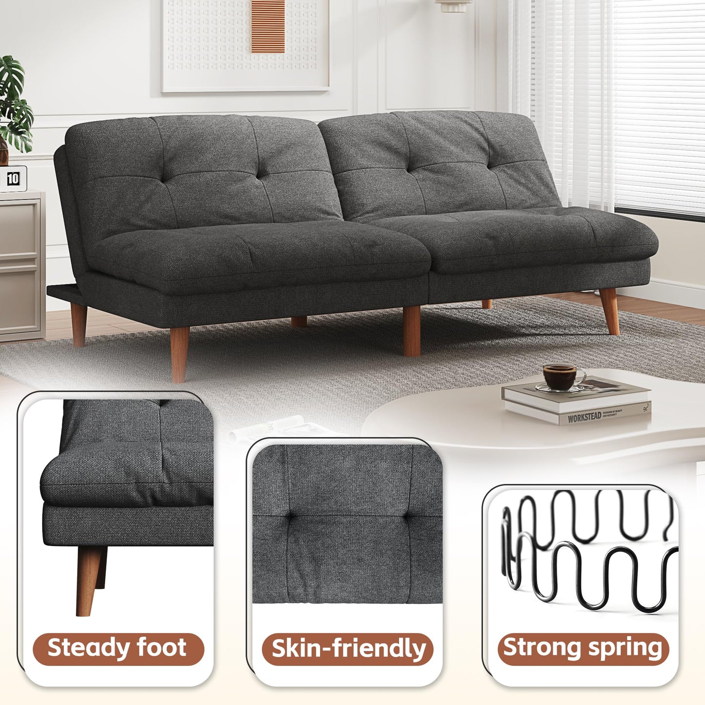 YESHOMY Futon Sofa Bed Skin-Friendly Couch Loveseat with Adjustable Backrest, Space-Saving Sleeper for Small Apartment Modern Convertible Living Room Furniture Set, Gray