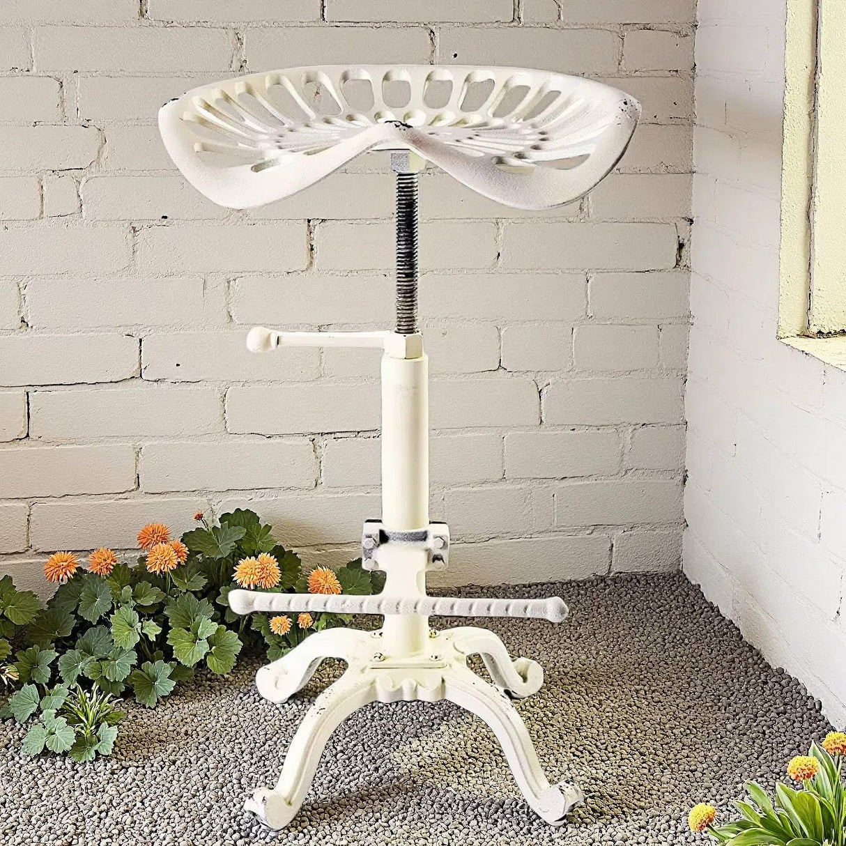 Diwhy Rustic Industrial Farmhouse Tractor Seat Adjustable Height 21.65-27.56in Bar Stool Industrial Bar Chair (Aged White, Cast Iron) Diwhy