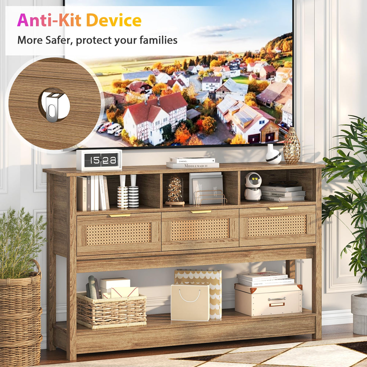 knoworld Rattan Console Table, Entryway Table Sofa Table with Storage, Hallway Foyer Table Behind Couch Table, Wood Console Tables Open Storage Shelf for Living Room, Hallway knoworld