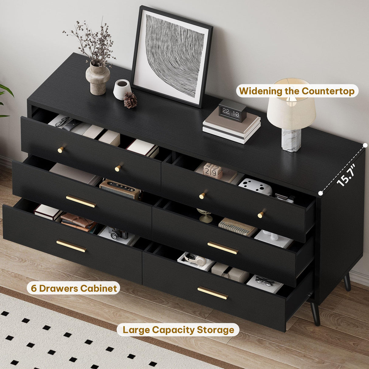 DWVO White 6 Drawers Dresser/Modern Wood Dresser Chest of Drawers with Black Metal Handle＆Anti-Tipping Device/Modern Double Drawer Storage Cabinet for Entryway/Living Room-15.7" Dx55.1 Wx31.1 H DWVO