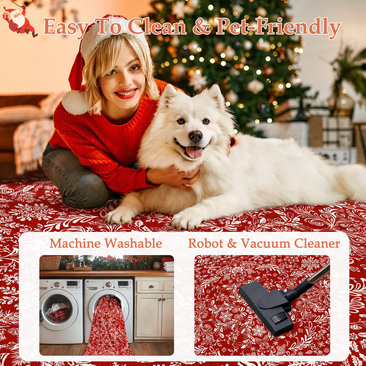 WondRg Christmas Area Rug 5x7 Red Washable Non-Slip Holiday Area Rug Reindeer Christmas Tree Carpet for Living Room Bedroom Dining Room Playroom Office WondRg