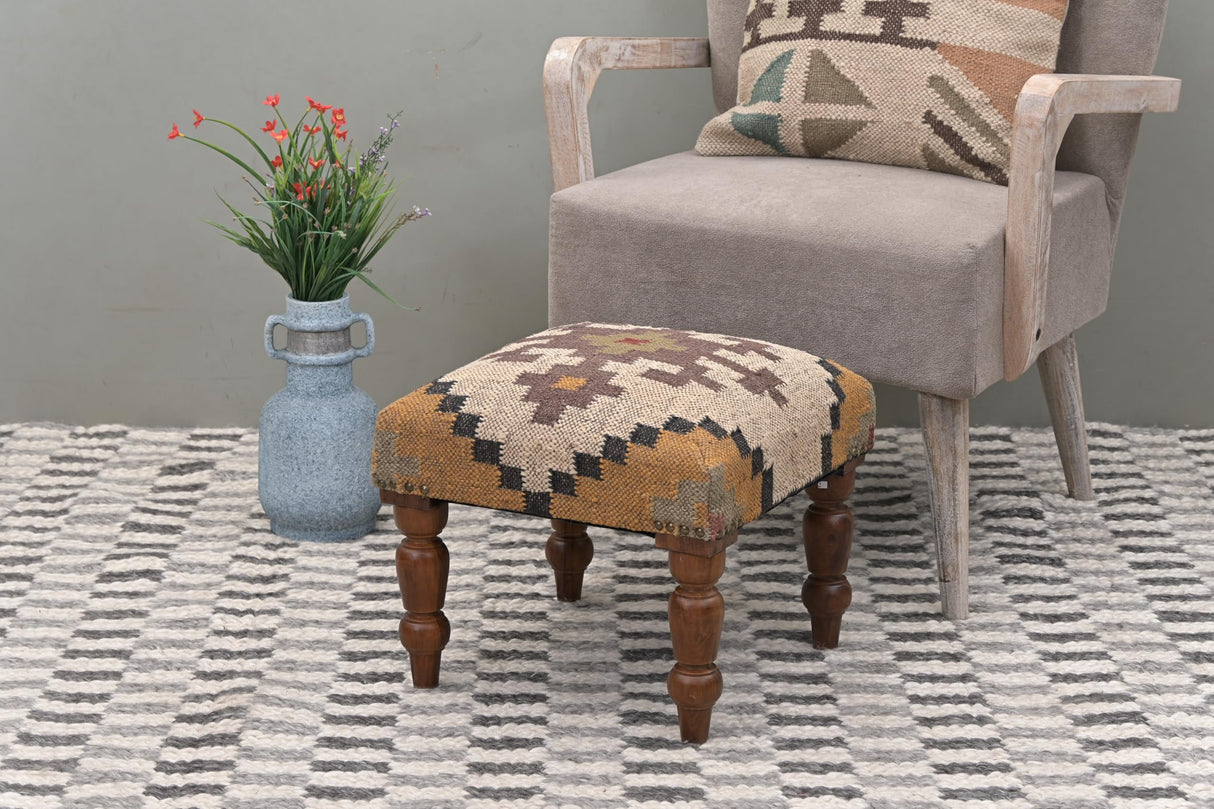 NATURAL FURNISH Handmade Jute Soft Ottomans Square Shape Stool for Sitting and Foot Rest with Wooden Legs, Entryway Modern Stool for Living Room, Bedroom, Hall (Yellow, L 15.74 x W 15.74 x H 14 inch) NATURAL FURNISH