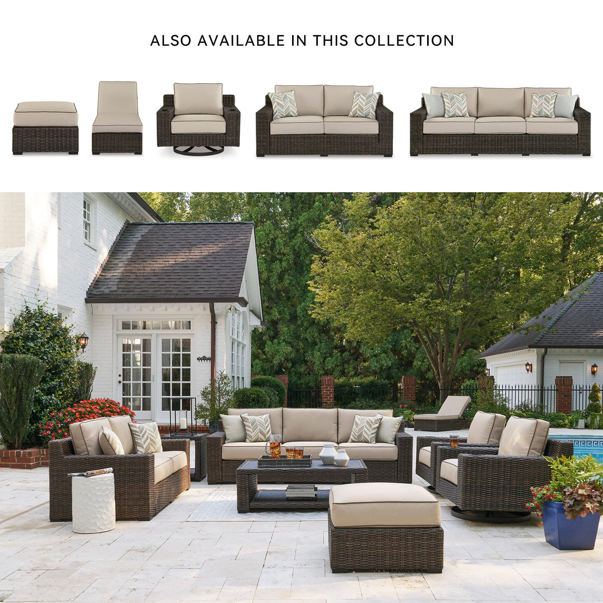 Signature Design by Ashley Coastline Bay Casual Weather Resistant Outdoor Loveseat with Cushion and 2 Throw Pillows, Beige & Dark Brown Signature Design by Ashley