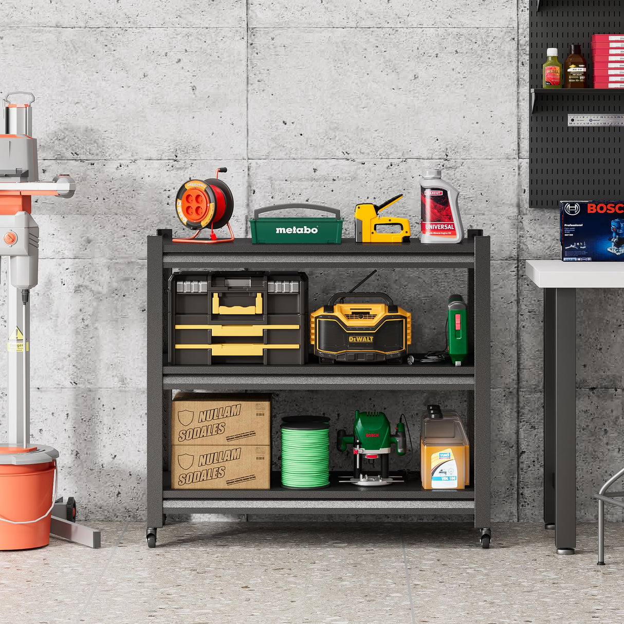 TOPASS Workbench on Wheels, Adjustable Heavy Duty Work Table with Wheels, Heavy Duty Workstation, Metal Tool Work Bench for Garage Warehouse Workshop, 32" H x 18" D x 34" W Topass