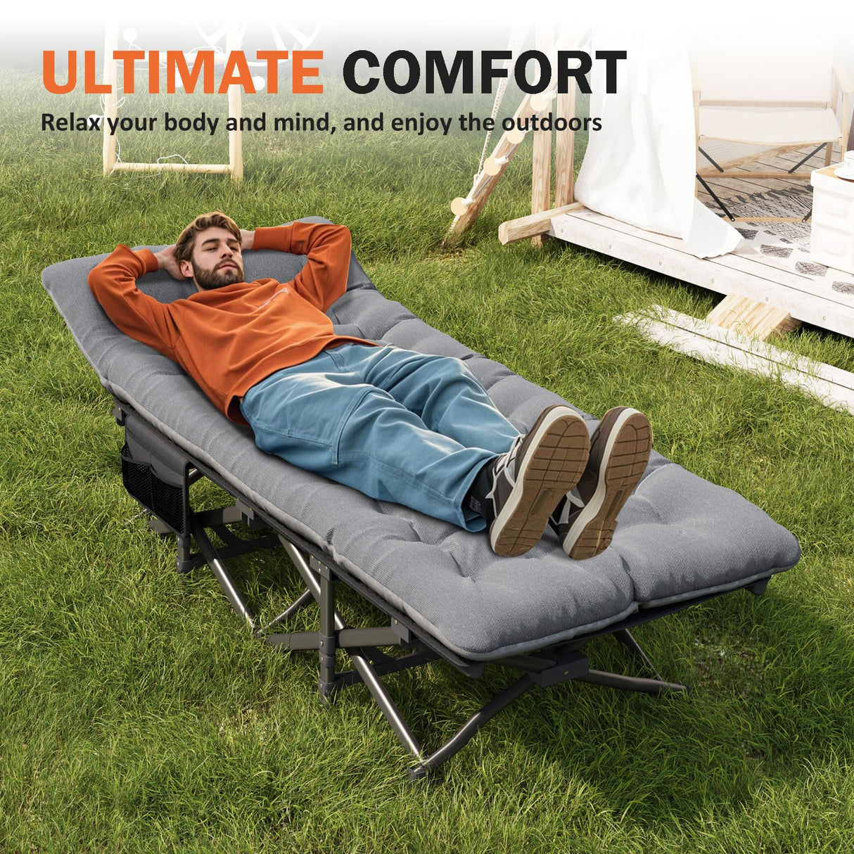 ATORPOK Camping Cot for Adults with Cushion Comfortable, Portable Folding Bed for Sleeping Supports 450 lbs (Gray) ATORPOK