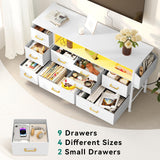 YITAHOME Dresser TV Stand for 55'' TV, 9-Drawer Dresser with Power Outlet and LED Light, Wide Dresser with Metal Handle, White Dresser with Shelves and PU Finish YITAHOME