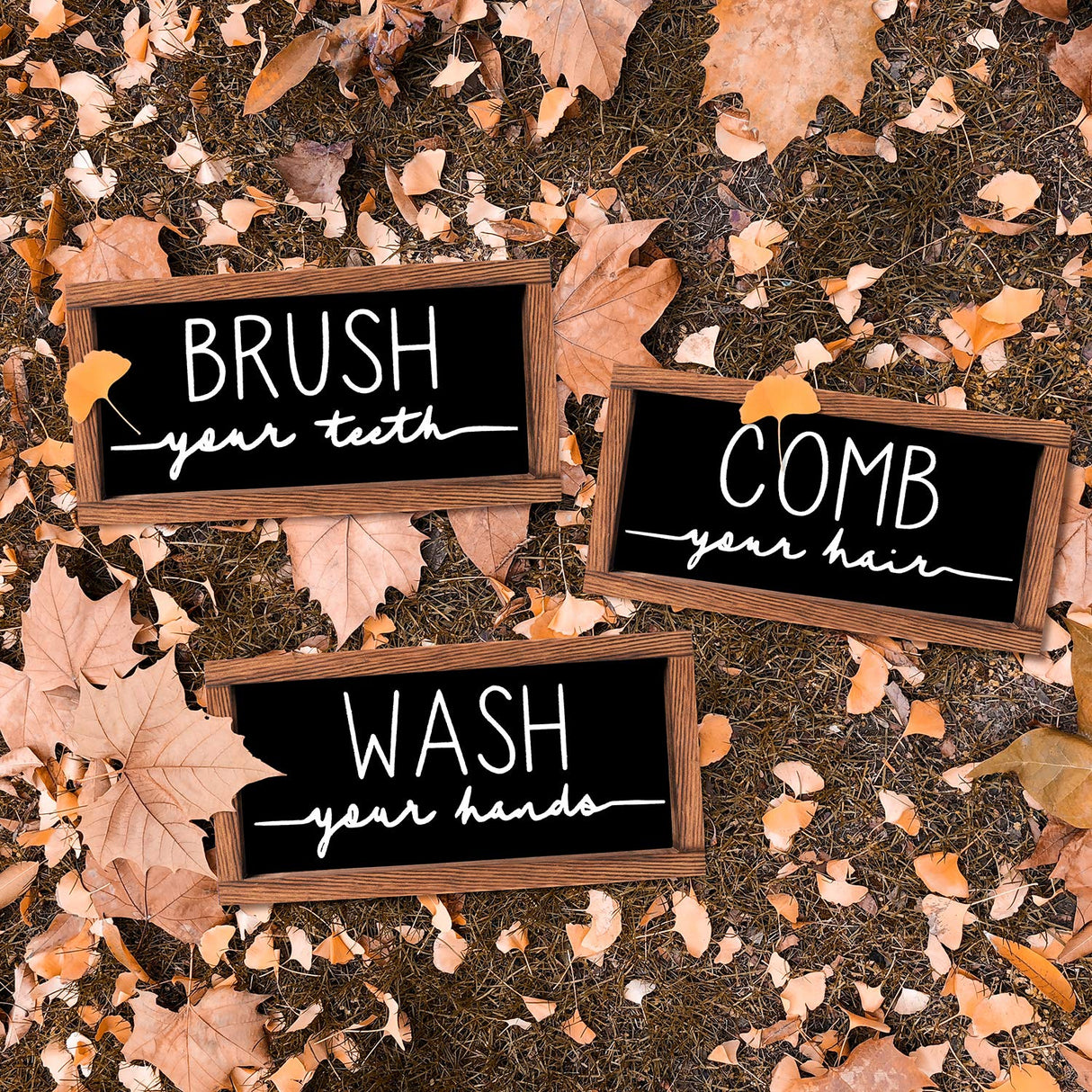 LIBWYS Bathroom Sign & Plaque (Set of 3) Wash Your Hands Brush Your Teeth Comb Your Hair Decorative Rustic Wood Farmhouse Bathroom Wall Decor (Black) LIBWYS