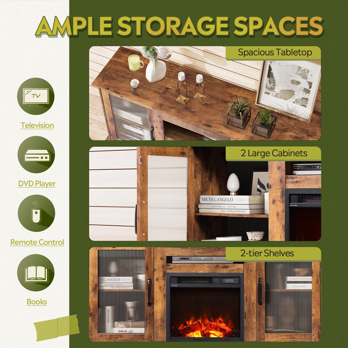 WLIVE Fireplace TV Stand for 65" TV, Entertainment Center with 18 Inch Electric Fireplace, TV Console with Open Shelves for Living Room, Rustic Brown WLIVE