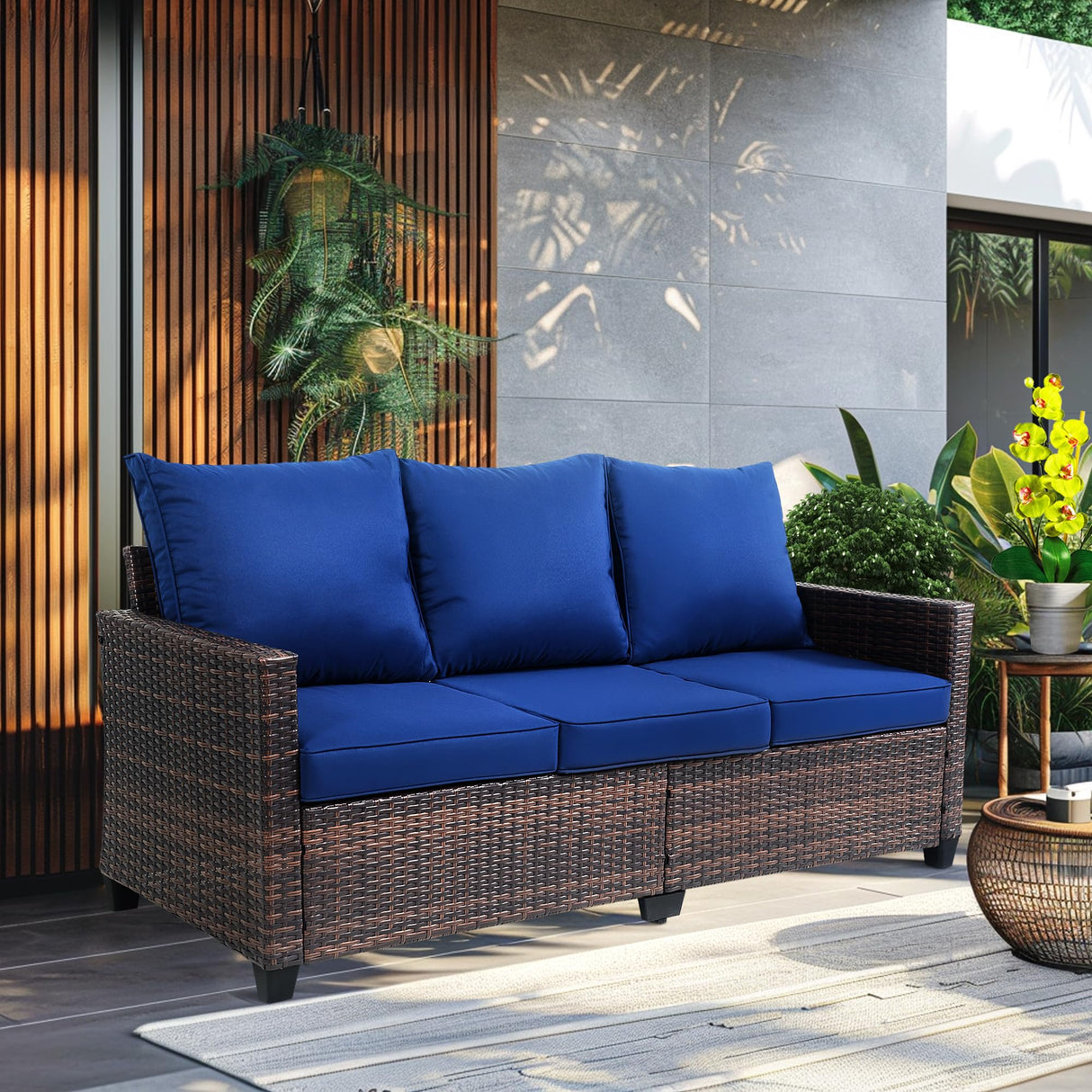 EortheX Outdoor Patio Sofa, 3-Seat Rattan Wicker Couch for Garden Deck or Porch, Comfortable All-Weather Patio Furniture with Anti-Slip Cushions (Blue) EortheX outdoor fancy