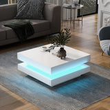 LED Coffee Table for Living Room, 2 Tier Modern Square Middle Center Table, Unique High Gloss Coffee Table with 16 Colors LED Lights & Remote Control, for Home Party Office Reception Room, White GlowSpark