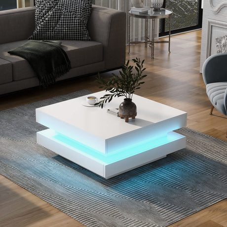 LED Coffee Table for Living Room, 2-Tier Modern Square Middle Center Table, Unique High Gloss Coffee Table with 16-Color Plug-in LED Light, Cocktail Tea Table for Home Office Reception Room, White realglow