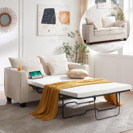 Brelice Pull Out Sofa Bed, Chenille Sleeper Couch with Memory Foam Mattress, 2-in-1 Convertible Sofa Solid Wood Slats Support, 2-Seat Loveseat for Living Room Home Office Apartment, Full Size, Beige Brelice