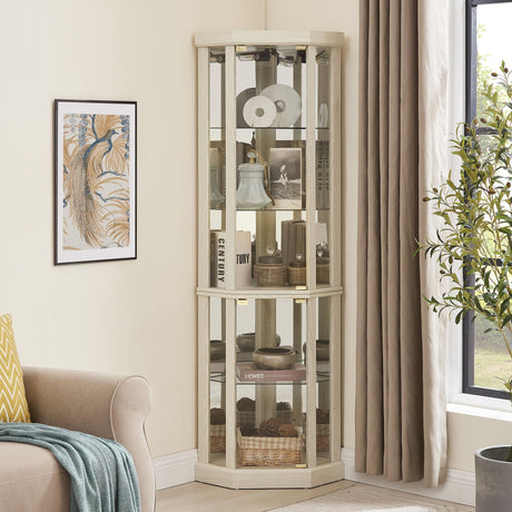 Lighted Corner Display Curio Cabinet Wooden Shelving Unit with Tempered Glass Door, Bar and Liquor Storage Area with 4 Shelves, Wine Cabinet CQSXDA