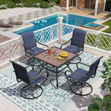 PHI VILLA 5 Piece Outdoor Patio Dining Set with 4 Swivel Dining Chairs & 1 Wood-like Dining Table, All weather Blue Textilene Mesh Fabric Chair and Square Metal Table for Deck Lawn Garden PHI VILLA