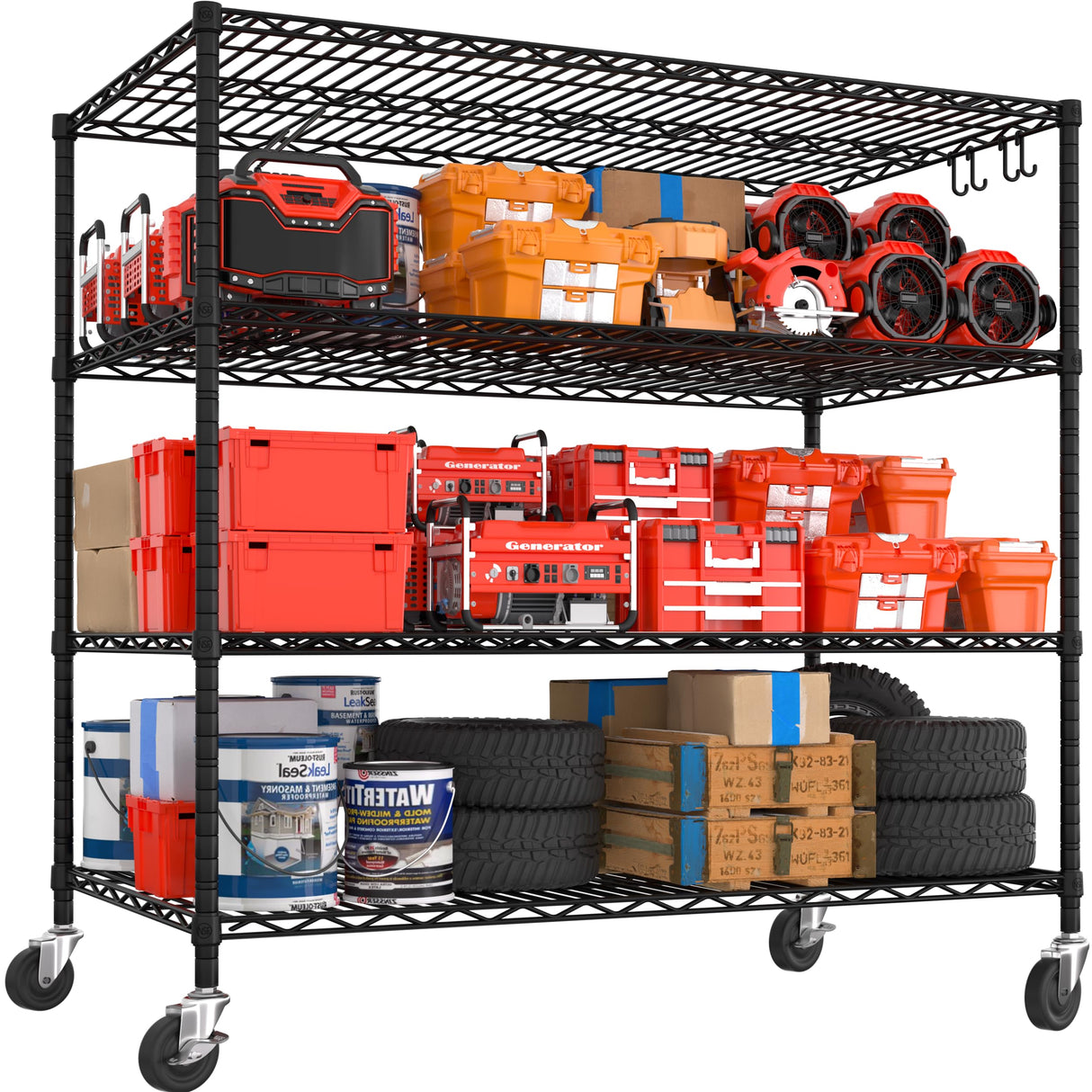 PrimeZone 55.5" W x 24" D x 80" H Heavy Duty Wire Storage Shelves with Wheels, 4 Tier Adjustable NSF Certified Garage Shelving Unit, Rolling Metal Organizer Shelf Rack for Warehouse, Pantry, Black PrimeZone
