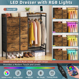 HIGDBFE Dresser with Hanging Rack, 8-Drawer Dresser for Bedroom with Charging Station & LED Lights, Kids Dressers with Shoe Rack, Rustic Brown, 11.8" D x 42" W x 42.7" H (8 Drawers) HIGDBFE