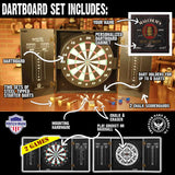 THOUSAND OAKS BARREL Personalized Dart Board Cabinet Set with 6 Steel Tip Darts, Chalk & Eraser Set - Man Cave Furniture, Decor Dart Boards for Adults - Bourbon Bar Dartboard (121) THOUSAND OAKS BARREL
