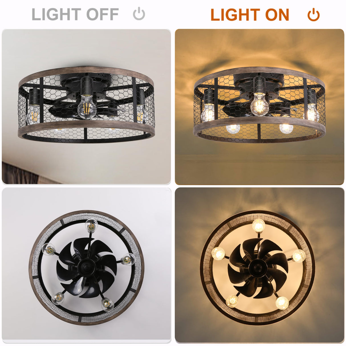 Ohniyou 20'' Flush Mount Caged Ceiling Fan with Lights Remote Control, Farmhouse Rustic Low Profile Small Vintage Enclosed Ceiling Fan Lighting Fixture Bedroom Dining Room Ohniyou