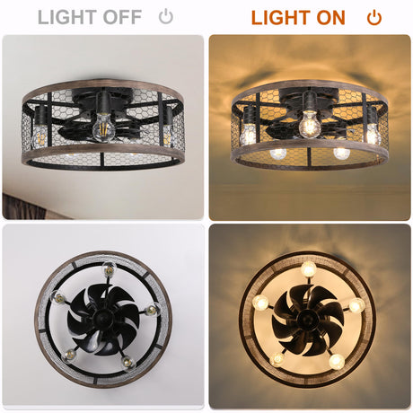 Ohniyou 20'' Flush Mount Caged Ceiling Fan with Lights Remote Control, Farmhouse Rustic Low Profile Small Vintage Enclosed Ceiling Fan Lighting Fixture Bedroom Dining Room Ohniyou