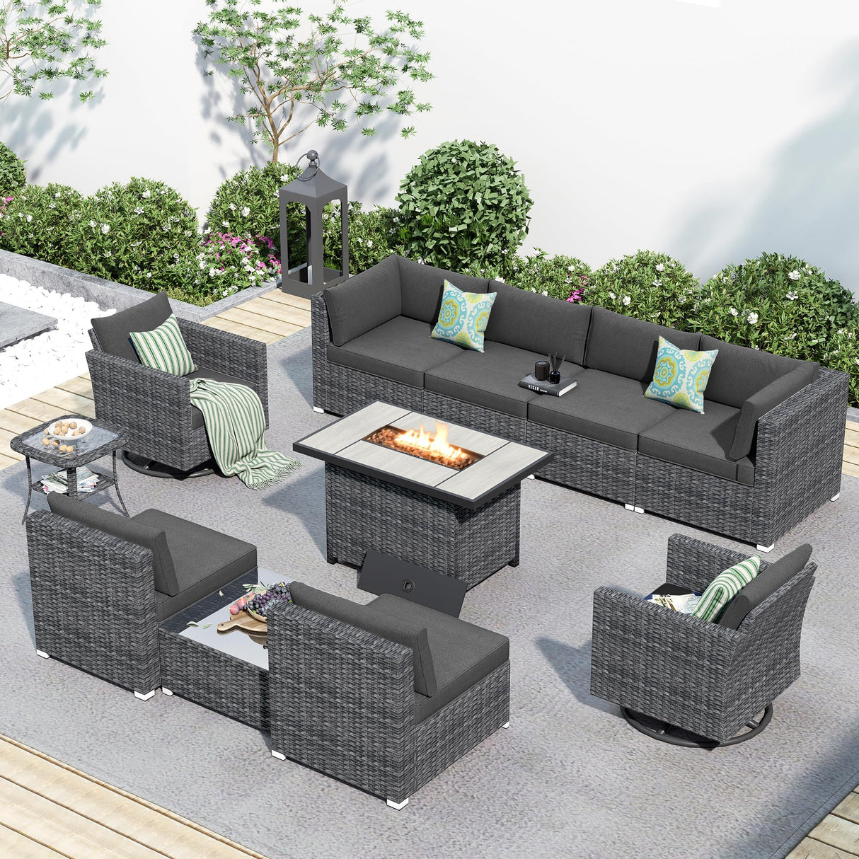 HOOOWOOO 11 Piece Patio Sectional Furniture Set with Fire Pit Table,Modern Wicker Outdoor Conversation Sofa Sets,Weather Resistant Modular L Shaped Outside Couch Swivel Chair Set(Charcoal Grey) HOOOWOOO