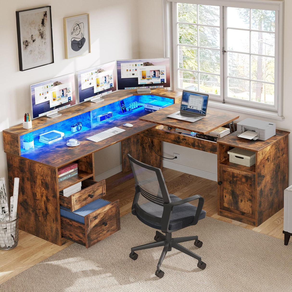 YITAHOME L Shaped Desk with Power Outlets & LED Lights, 60” Corner Computer Desk with Drawers & Lift Top, Home Office Desk with Monitor Stand & File Cabinet, Wood Height Adjustable Desk, Rustic Brown YITAHOME