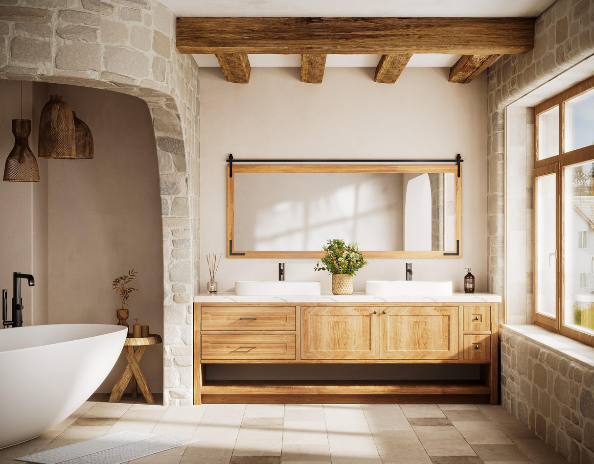 TETOTE 72” x 32” Barn Door Wood Vanity Mirror for Bathroom Sink, Waterproof Rustic Farmhouse Natural Solid Wooden Frame Rectangle Wall Mirror for Living Room Entryway, Fully Assembled TETOTE