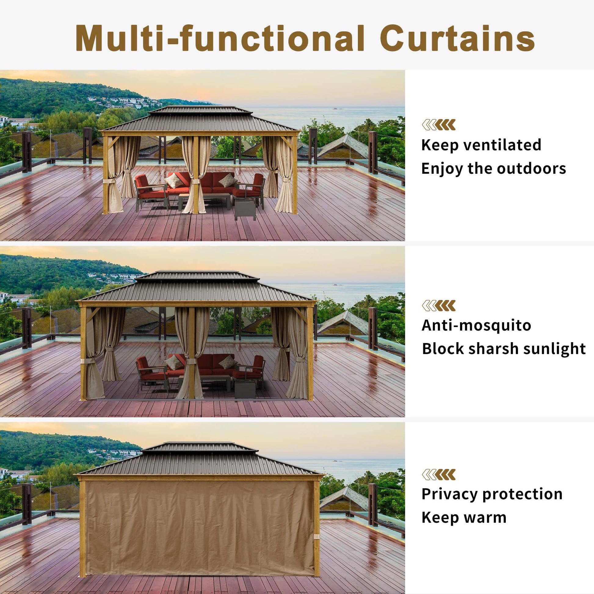 12x18ft Hardtop Gazebo, Wooden Finish Coated Aluminum Frame Canopy with Galvanized Steel Double Roof, Outdoor Permanent Metal Pavilion with Curtains & Netting for Garden, Brown (Wooden 12x18  - WoodArtSupply